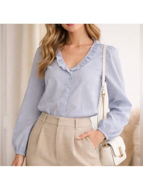 Ann Taylor Factory blue strap ruffle blouse shirt xxs petite